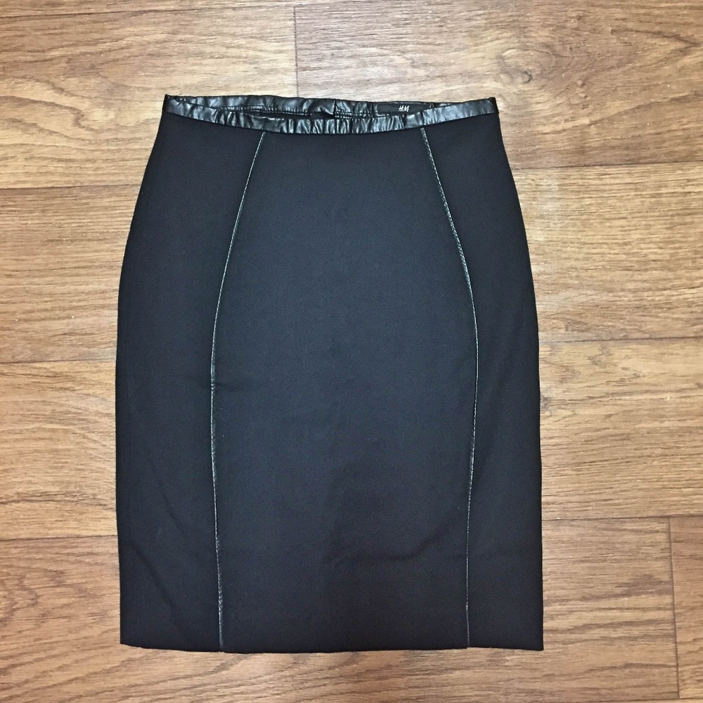 H&M Black Pencil Skirt Faux Leather Trim